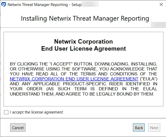 Netwrix Threat Mannager Reporting Setup wizard on the End User License Agreement page