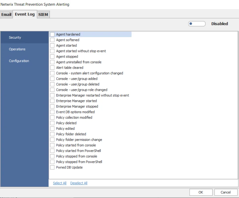 System Alerting window – Event Log tab