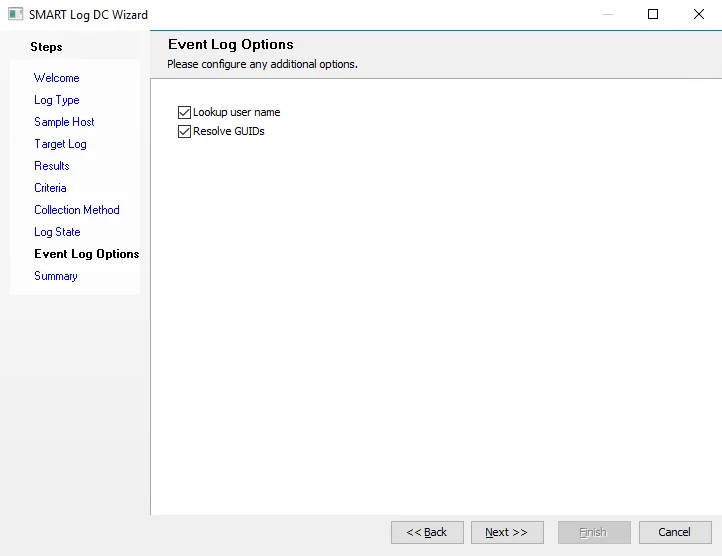 SMART Log DC Wizard Event Log Options page