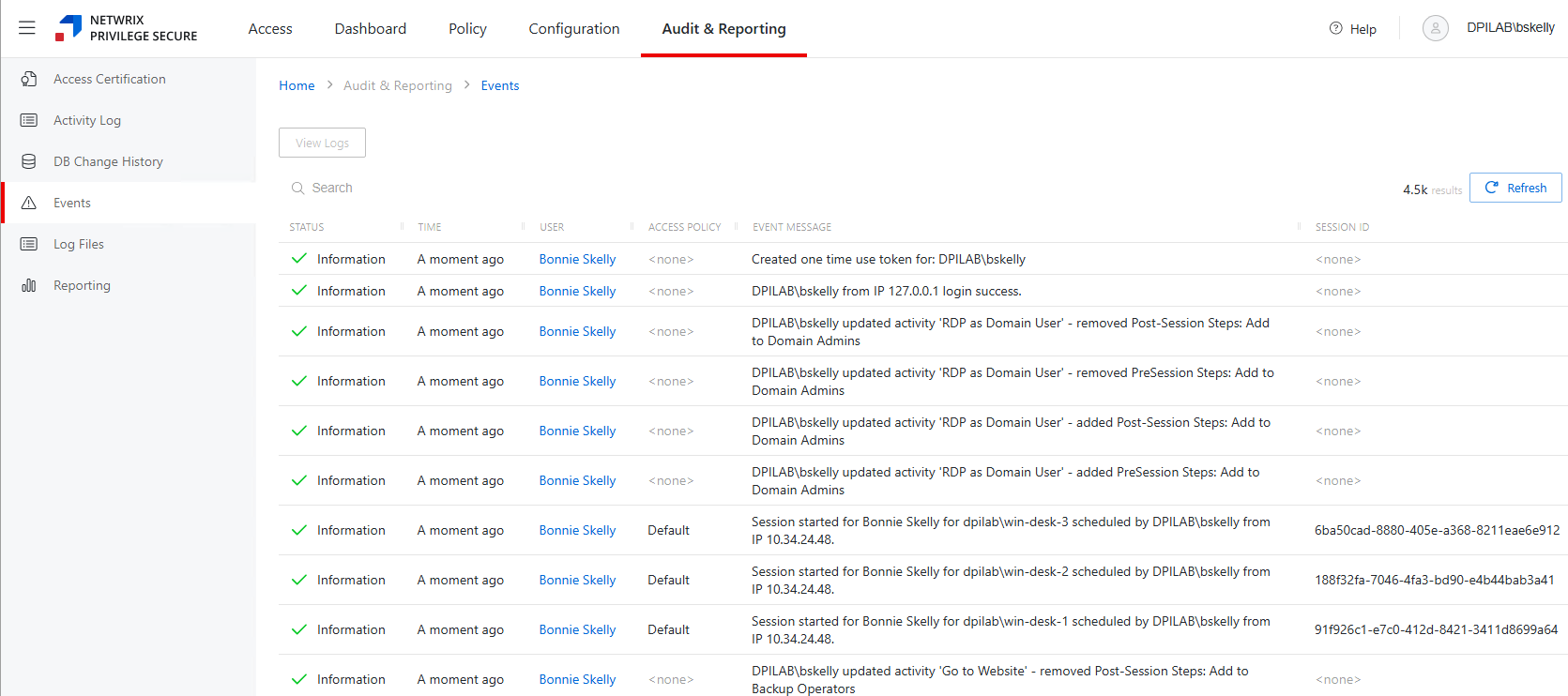 Audit and Reporting Events Page