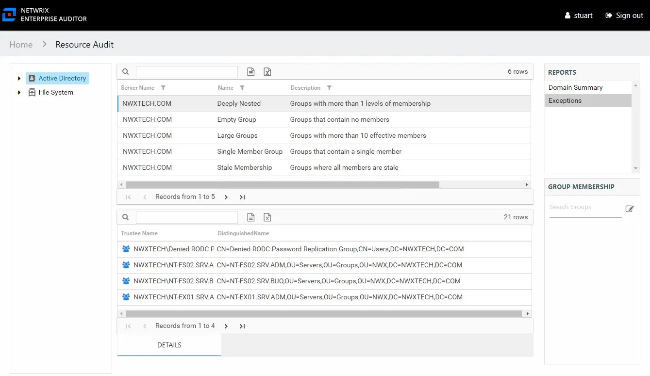 Exceptions report