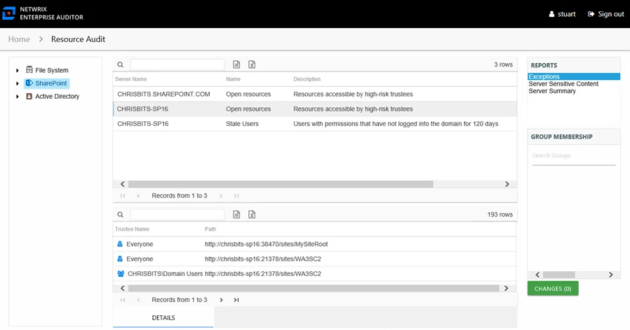 Exceptions report at the SharePoint node