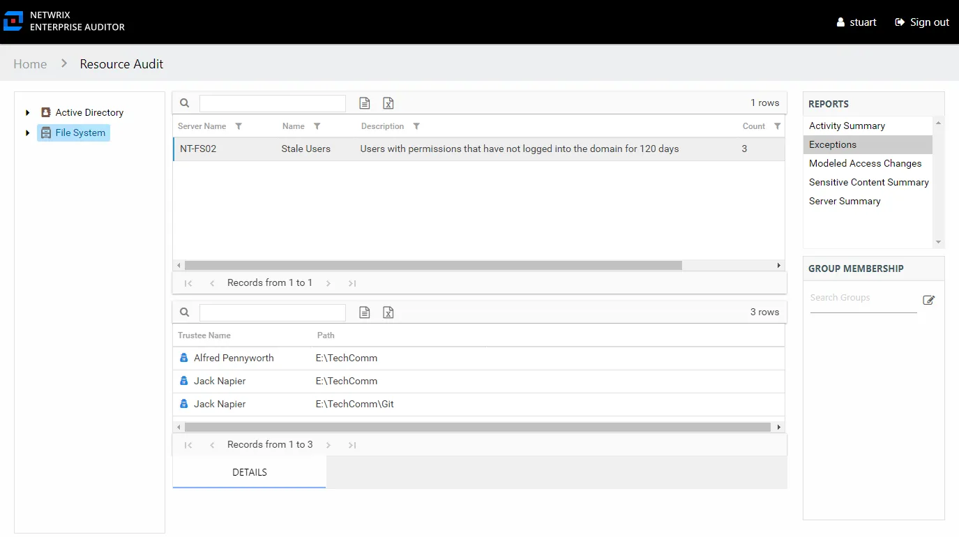 Exceptions report at the File System node