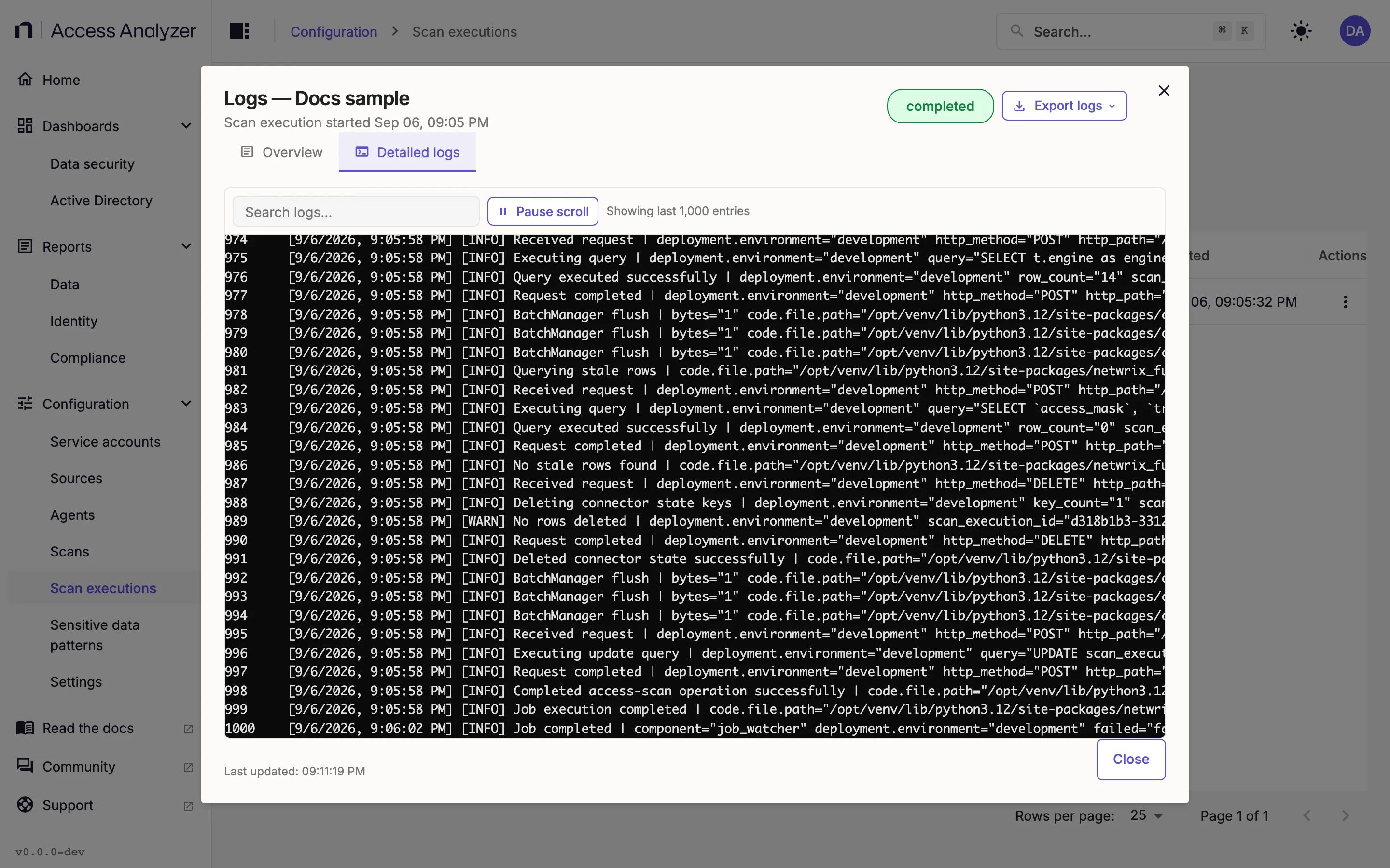 Execution logs dialog Detailed logs tab with structured log lines