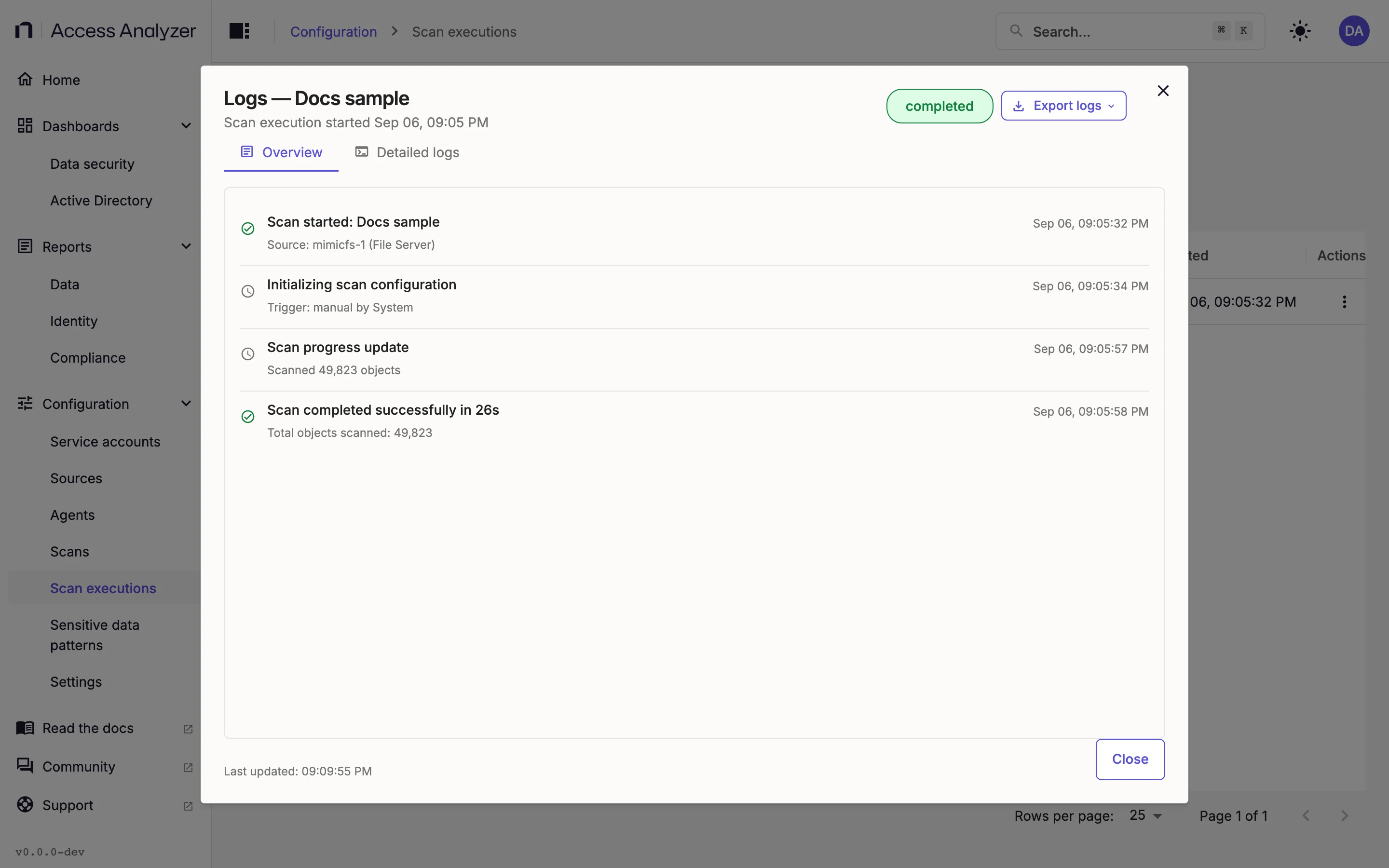 Execution logs dialog Overview tab with execution summary