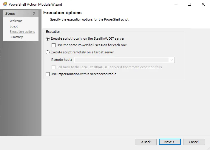 PowerShell Action Module Wizard Execution Options page