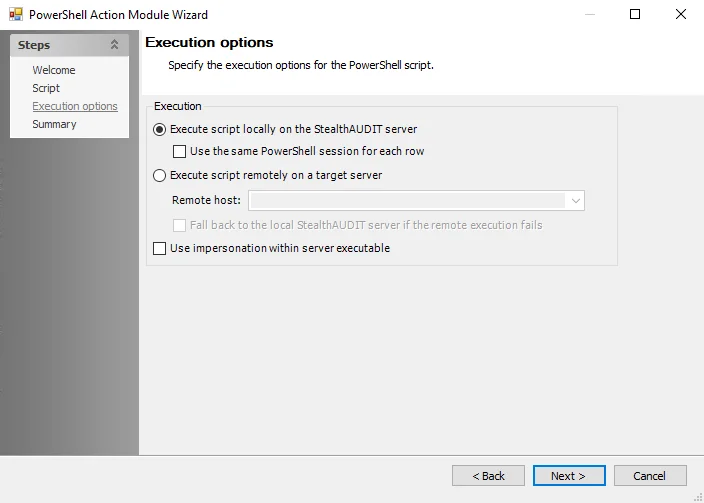 PowerShell Action Module Wizard Execution Options page