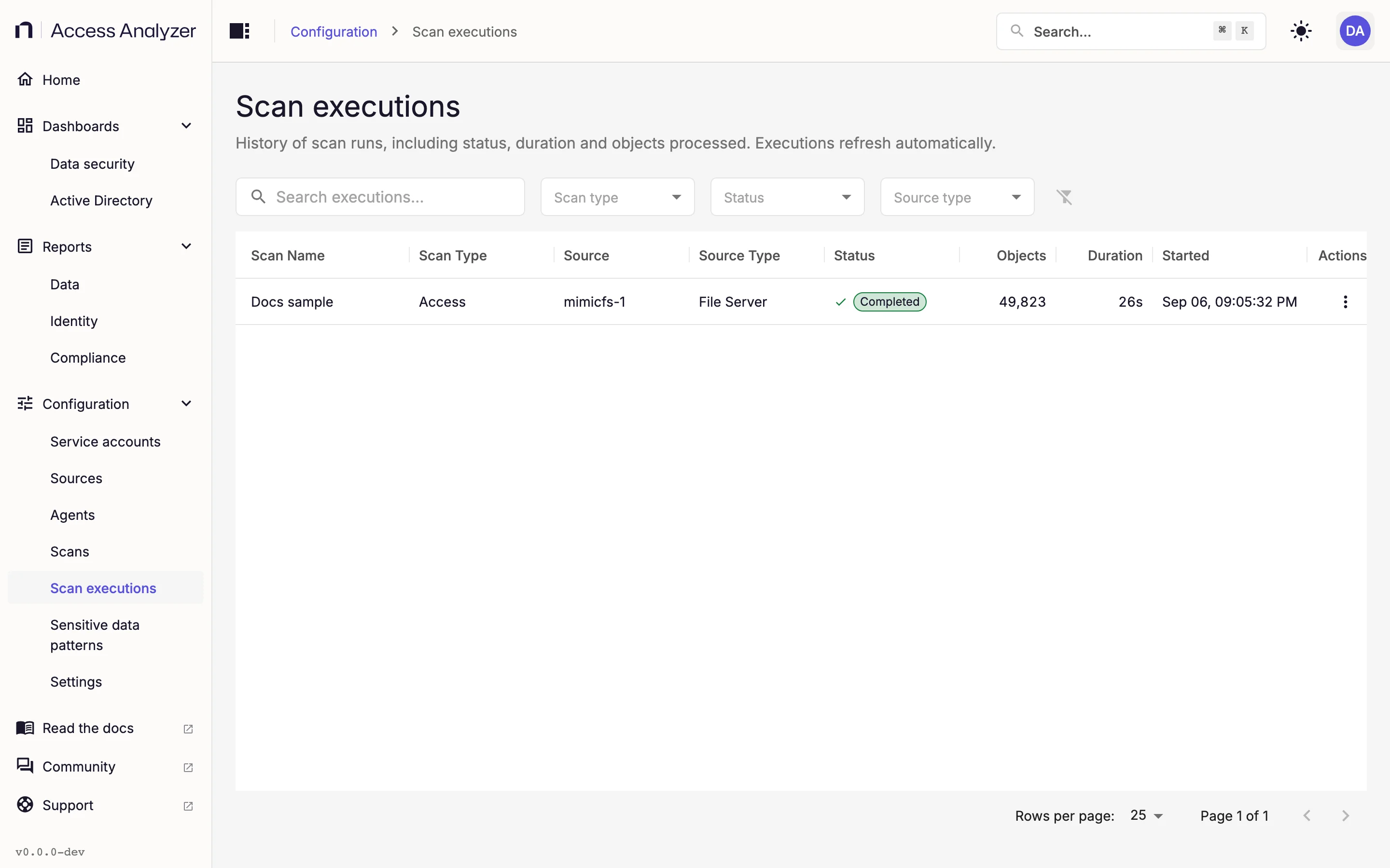 Scan executions list showing a completed execution with status, objects, duration, and started time