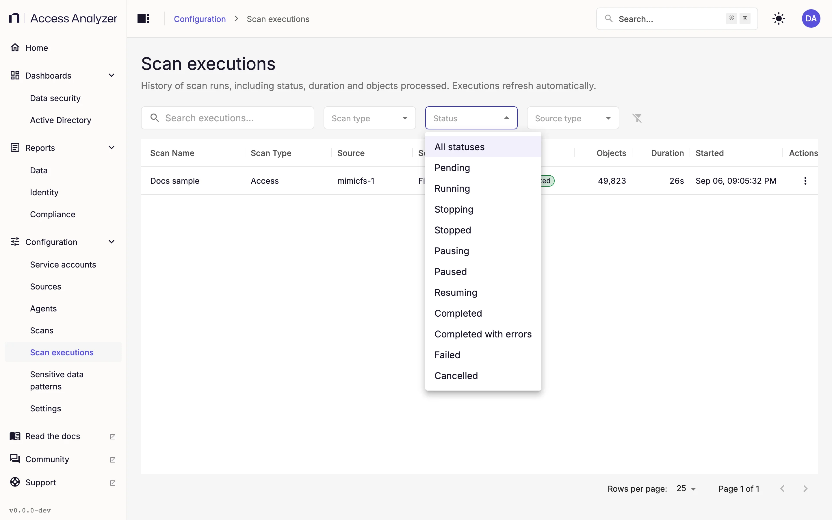 Scan executions status filter options