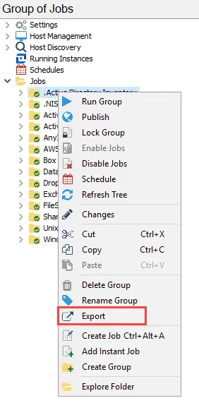 Export from Jobs Tree menu