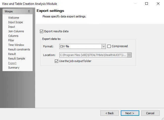 View and Table Creation Analysis Module wizard Export page