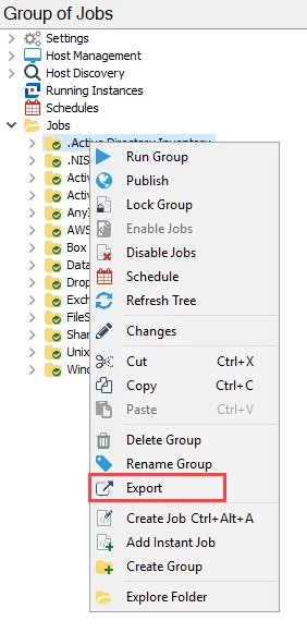 Export from Jobs Tree menu