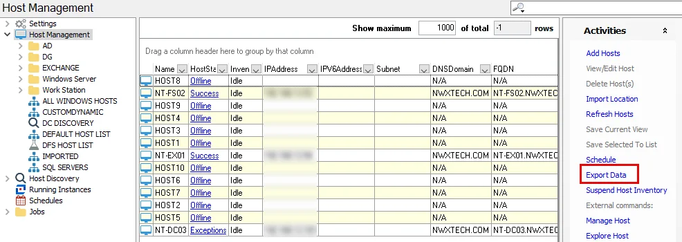Export Data option on the Activities pane