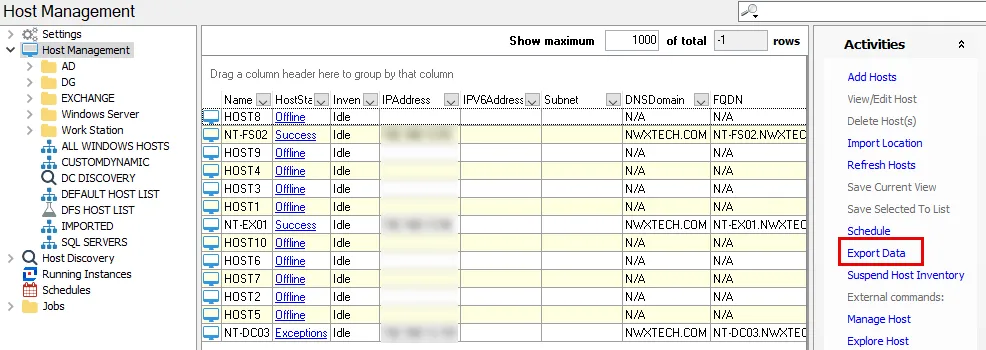 Export Data option on the Activities pane