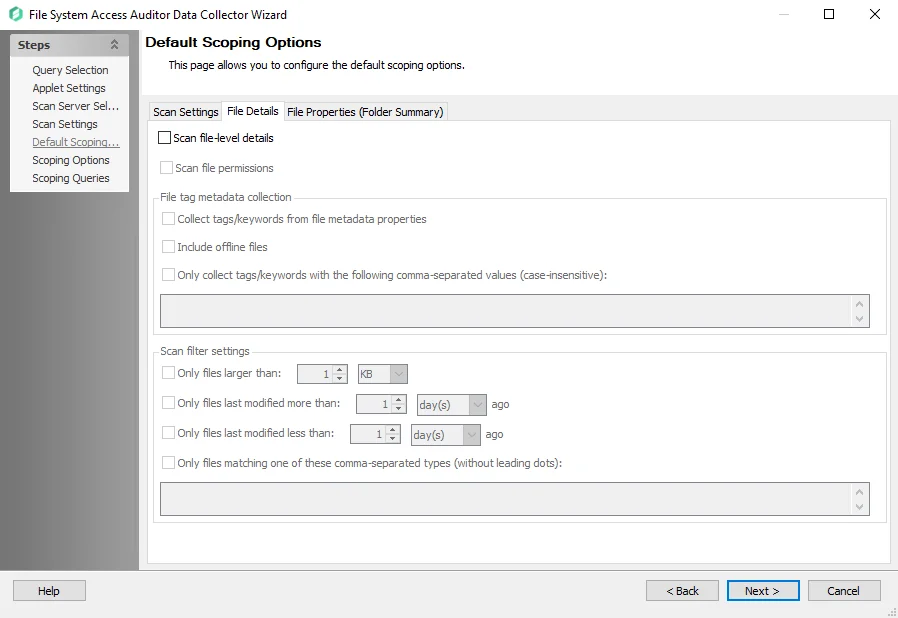 File Details tab of the FSAA Data Collector Wizard Default Scoping Options page