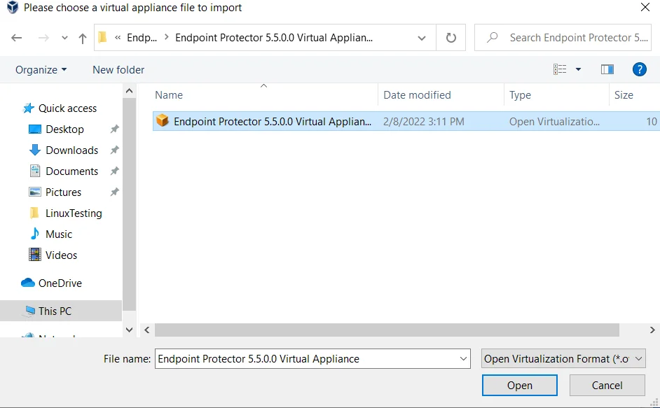 Selecting the Virtual Appliance to Import