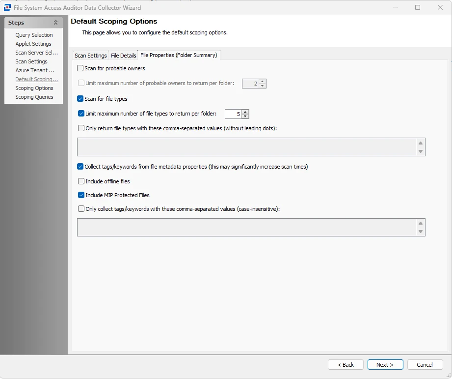 FSAA Data Collector Wizard Default Scoping Options page File Properties (Folder Summary) tab