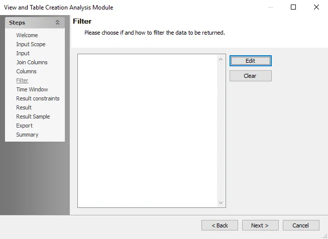 View and Table Creation Analysis Module wizard Filter page