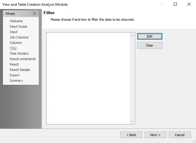 View and Table Creation Analysis Module wizard Filter page