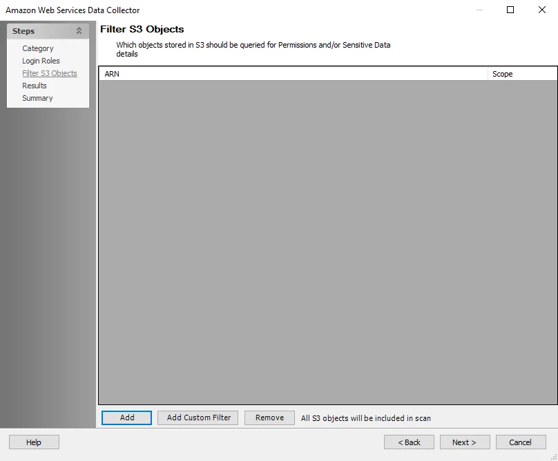 AWS Data Collector Filter S3 Objects wizard page