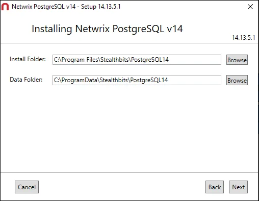 Netwrix PostgreSQL Setup wizard on the Folder Location page