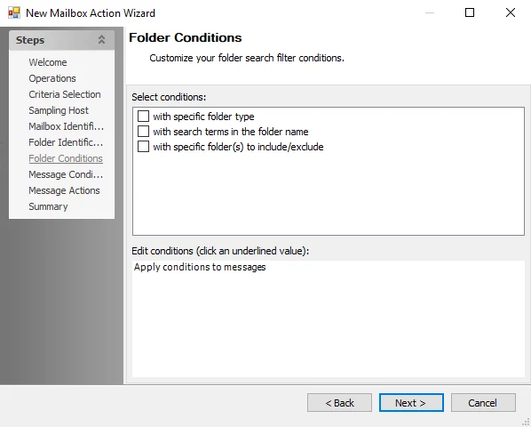 New Mailbox Action Wizard Folder Conditions page