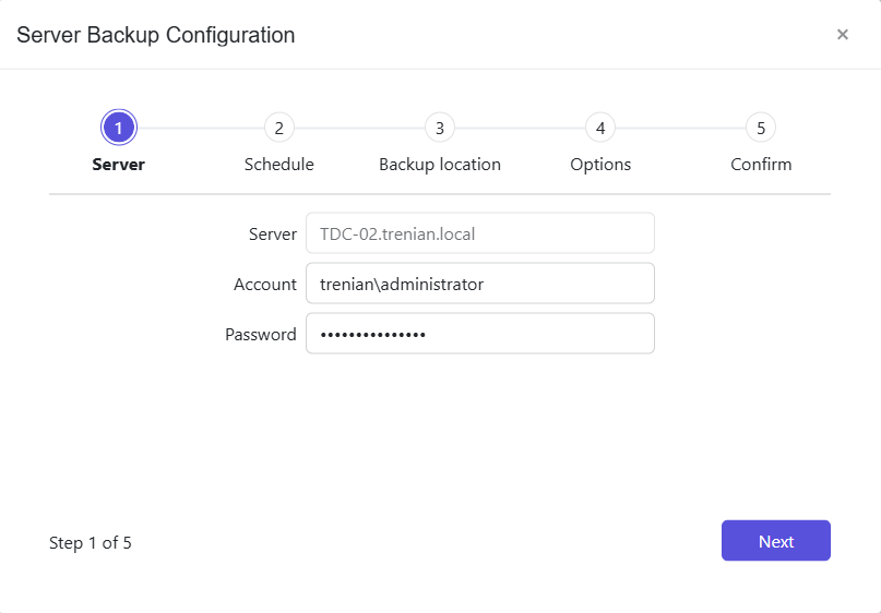 Server Backup Configuration wizard - Server page