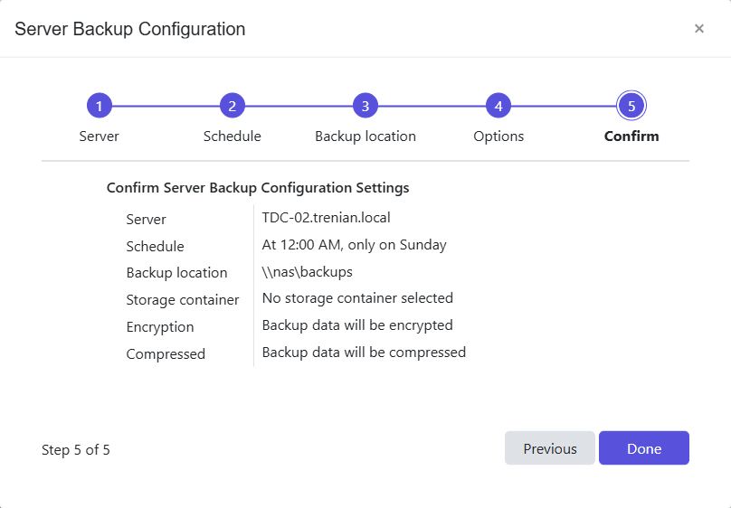 Server Backup Configuration wizard - Confirm page