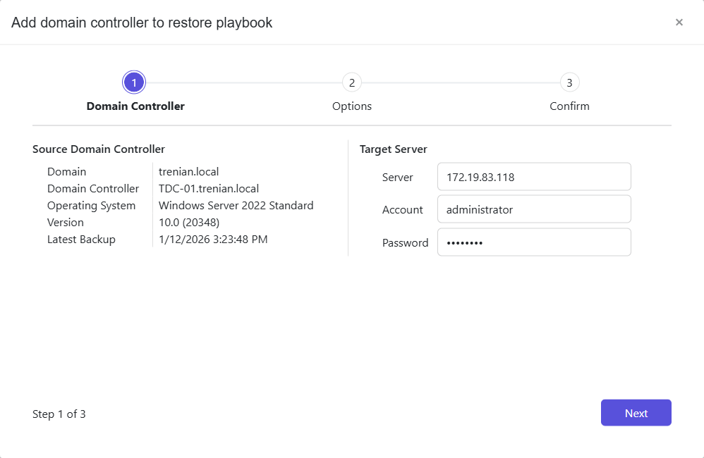 Add to Recovery Playbook wizard - Domain Controller page