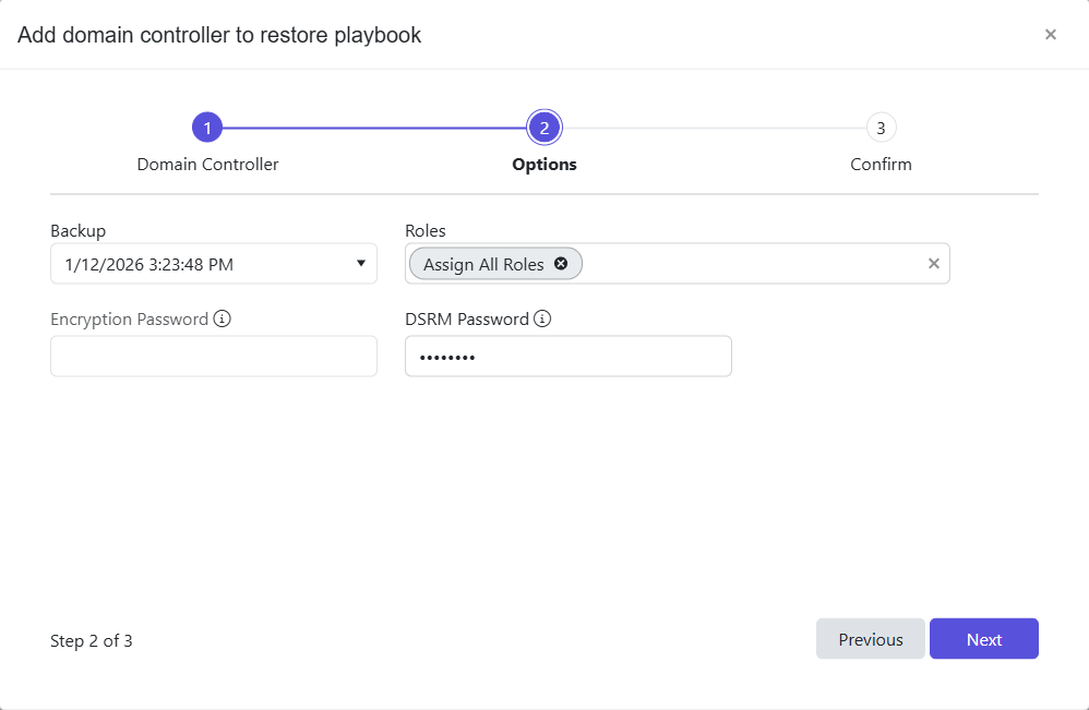 Add to Recovery Playbook wizard - Options page