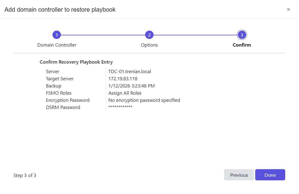 Add to Recovery Playbook wizard - Confirm page