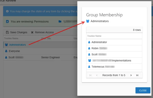 Resource Reviews page showing the Group Membership window