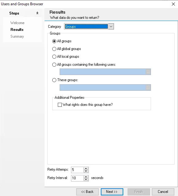 Users and Groups Browser wizard Results page for Groups category