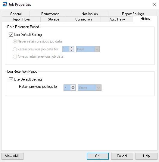 History tab of the Job Properties