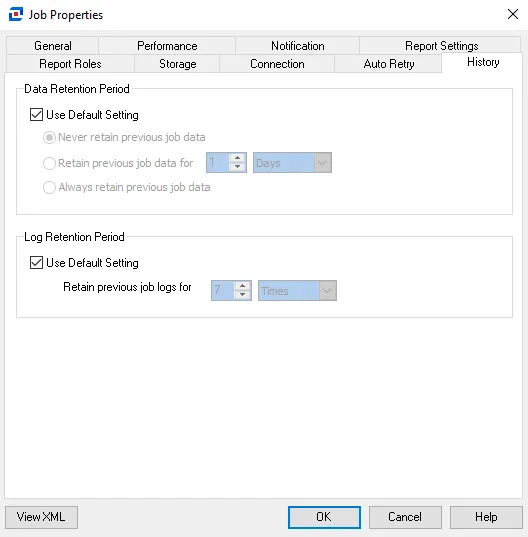 History tab of the Job Properties