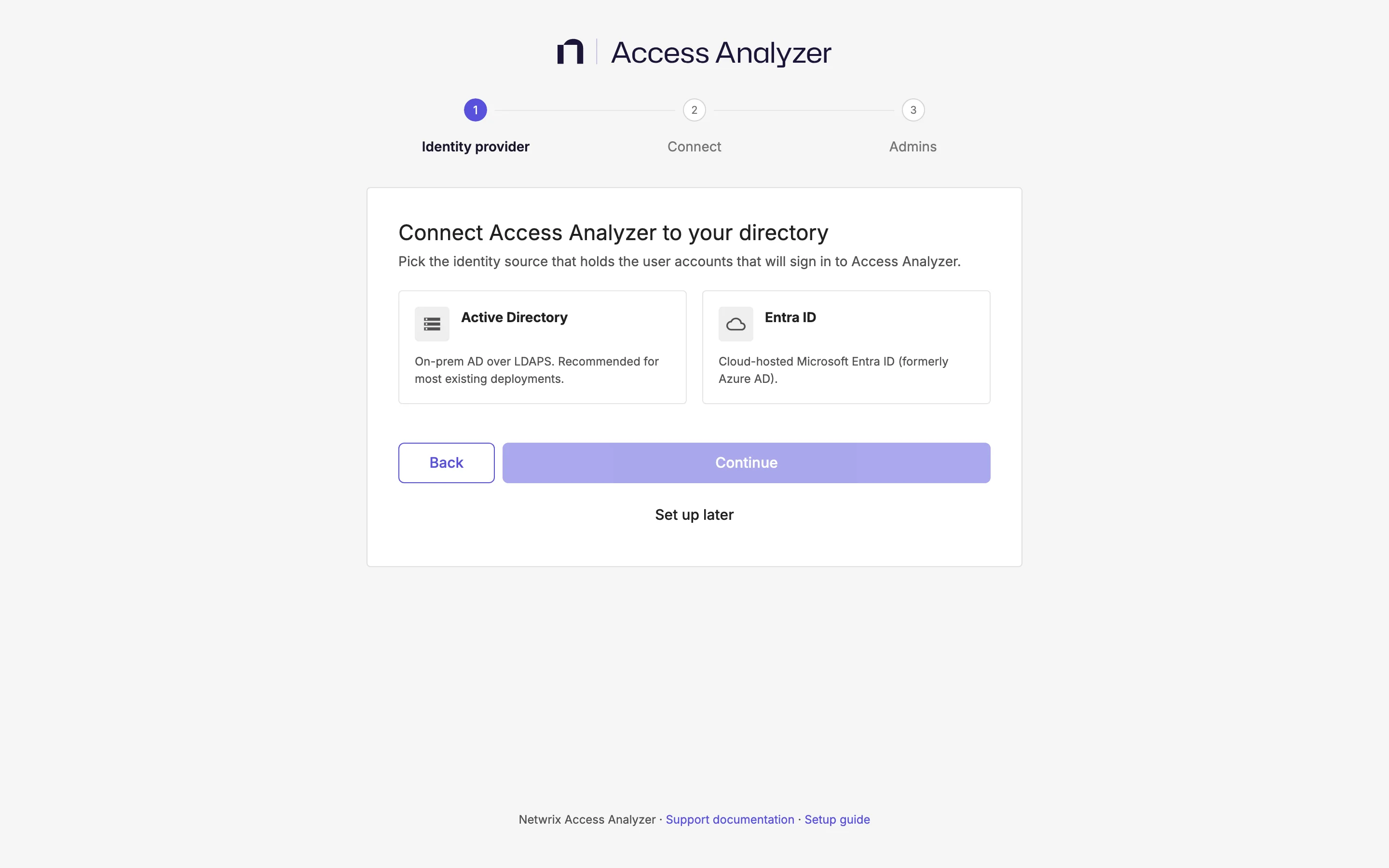 Identity provider selection step with Active Directory and Entra ID