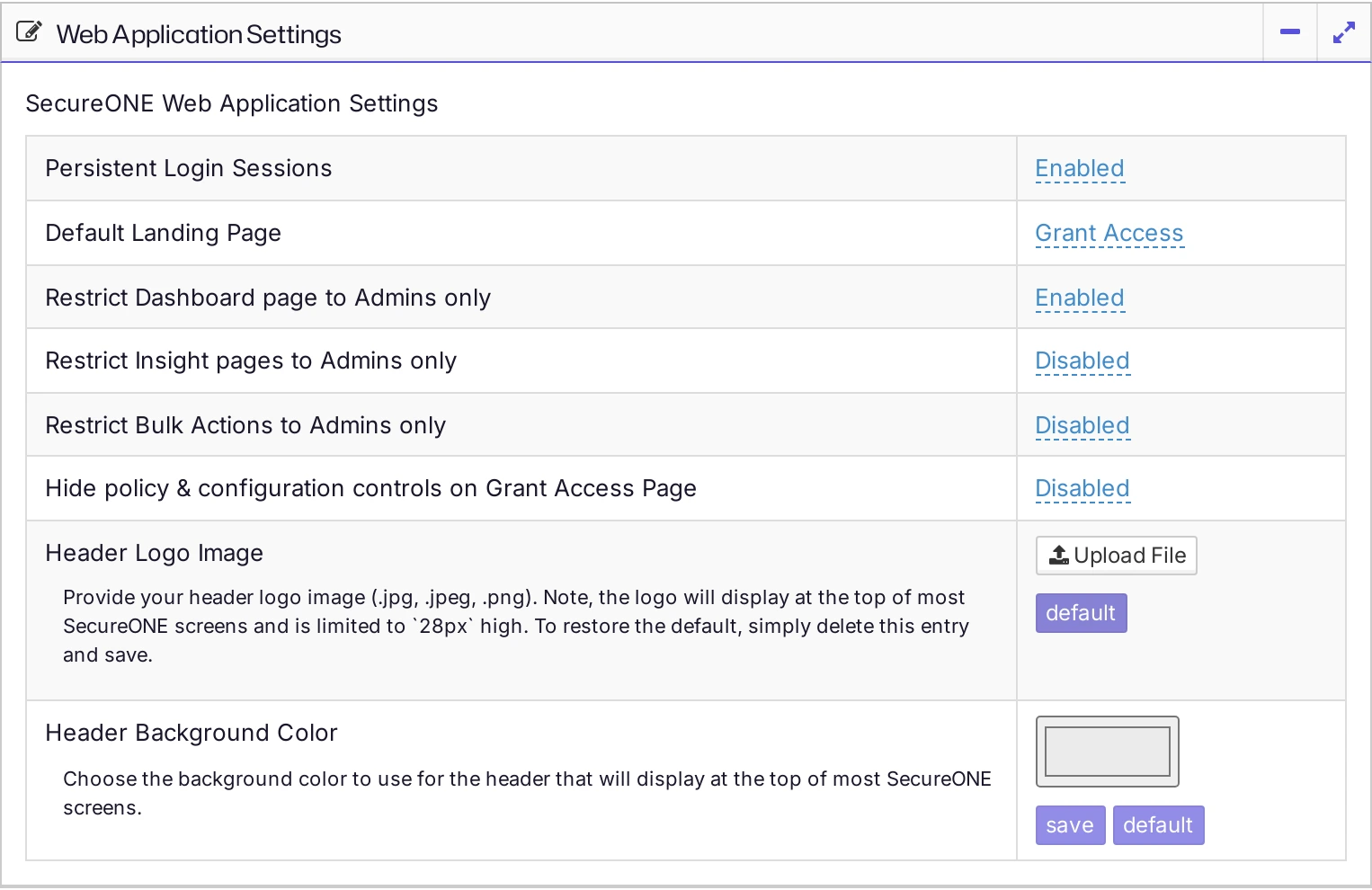 The Web Application Settings pane with the Header Logo Image and Header Background Color settings