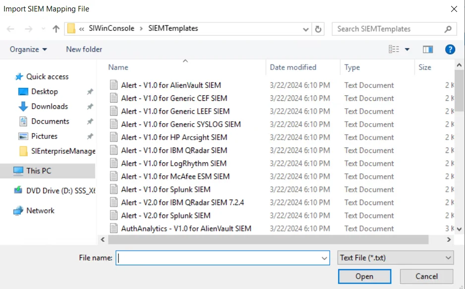 Import SIEM Mapping File window
