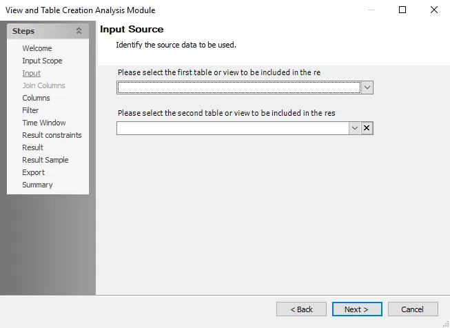 View and Table Creation Analysis Module wizard Input Source page