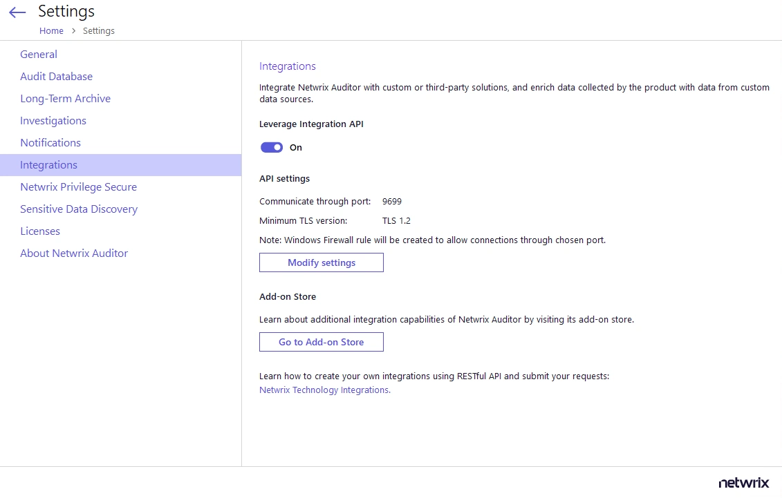 Integration API Settings