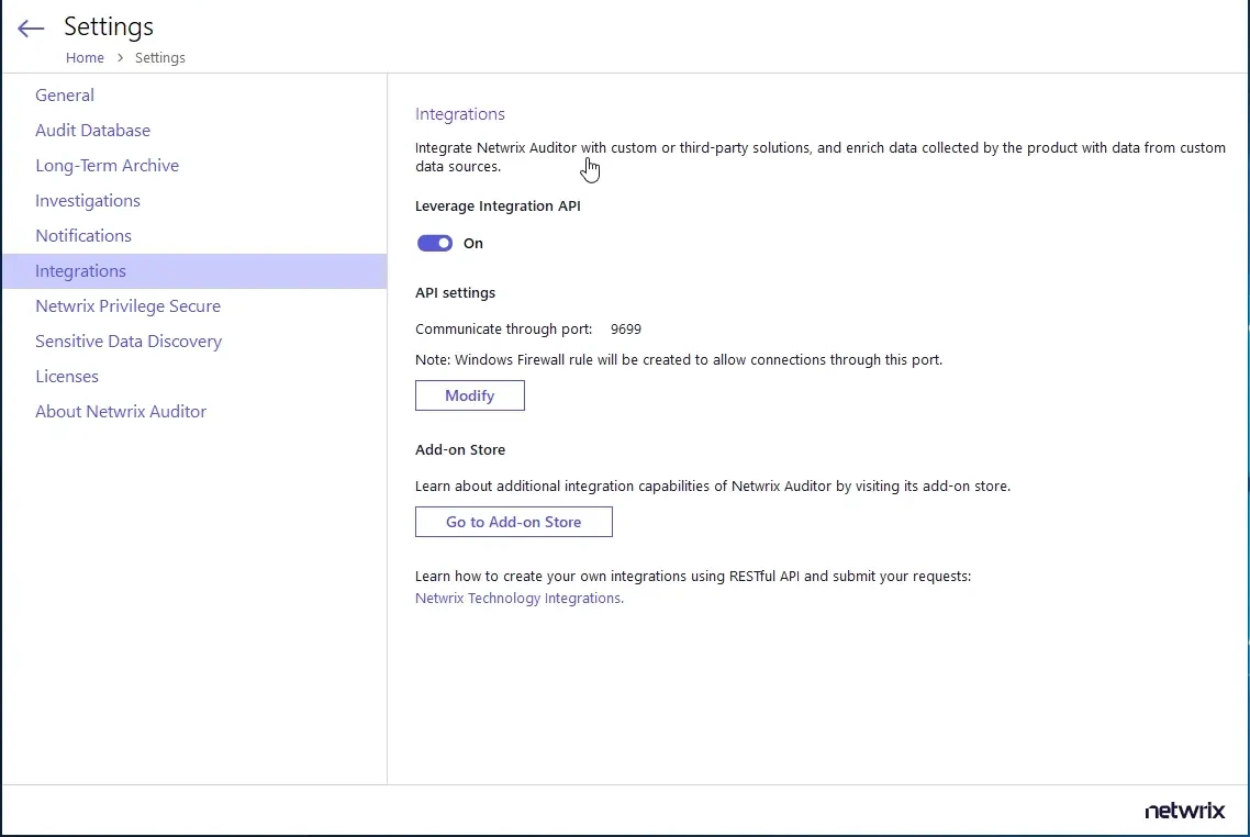 Integration API Settings