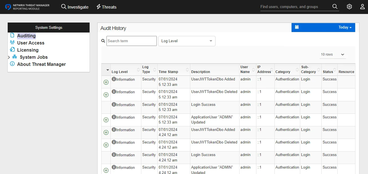 System Settings interface on the Auditing page