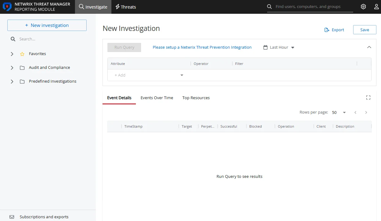 Threat Manager Investigations interface
