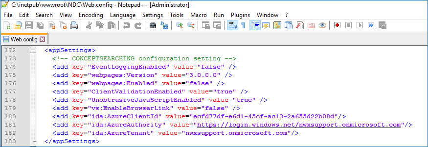 web.config snippet screenshot