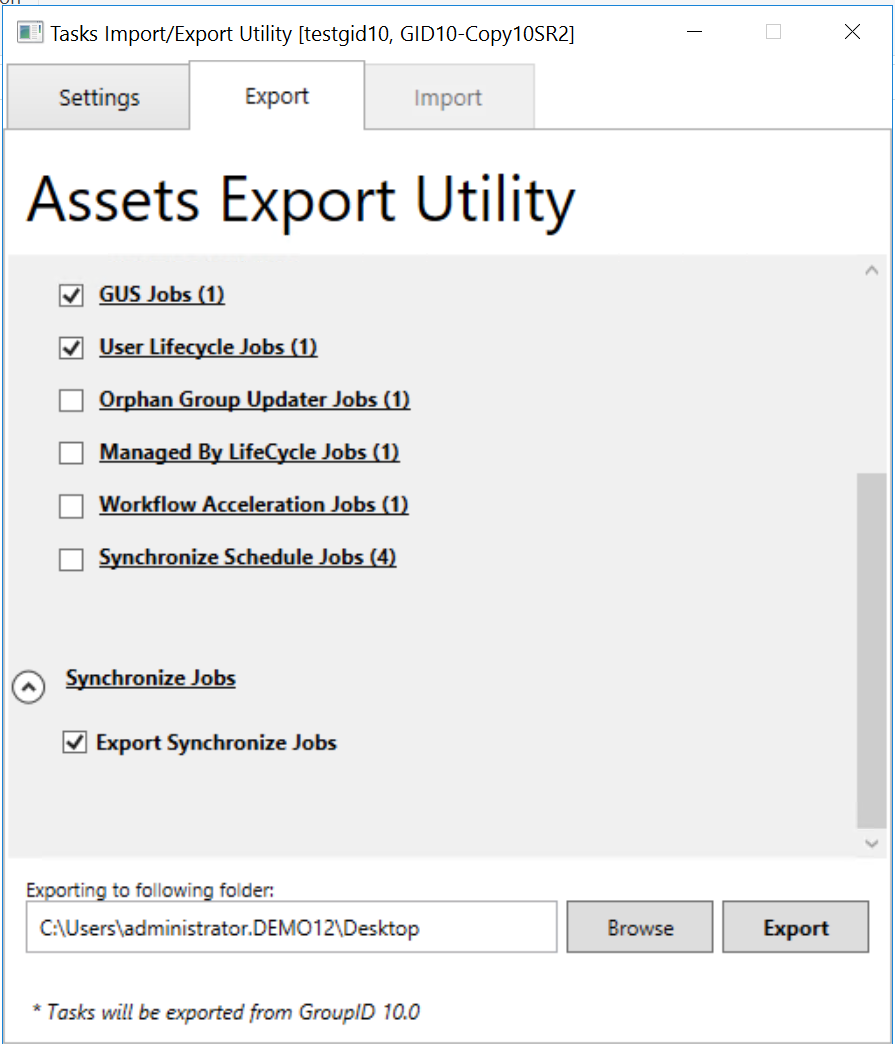 Export folder selection dialog