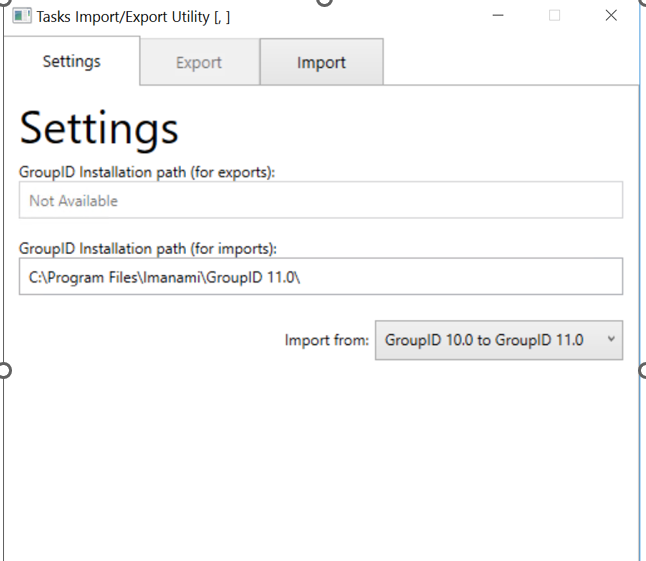 Asset Export utility import screen on Directory Manager 11