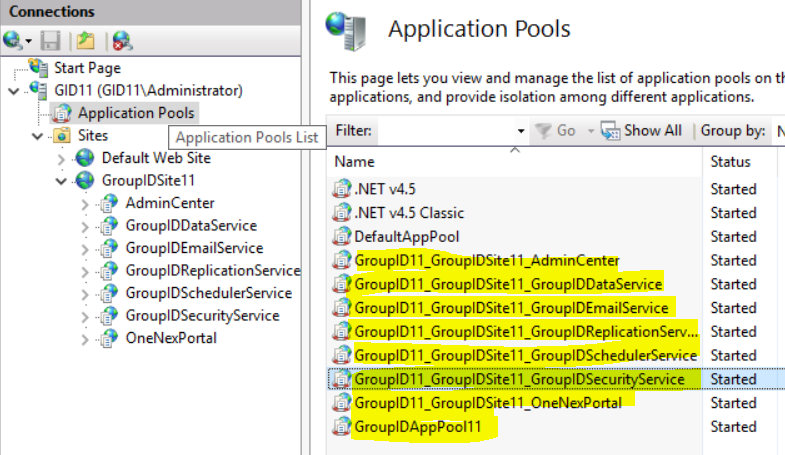 IIS Application Pools page with Directory Manager App Pool 11 selected