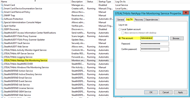 Screenshot: NetApp File Monitoring Service properties