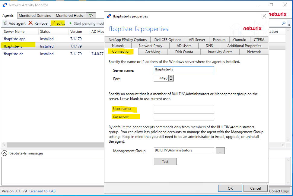 Screenshot: Agent settings Connection tab