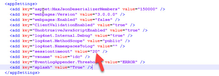 web.config file showing sessiontimeout key under appSettings section